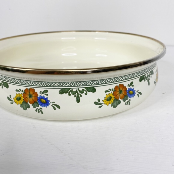 Vintage Enamelware Floral Frying Pan Brass Handle 10" - Picture 6 of 16